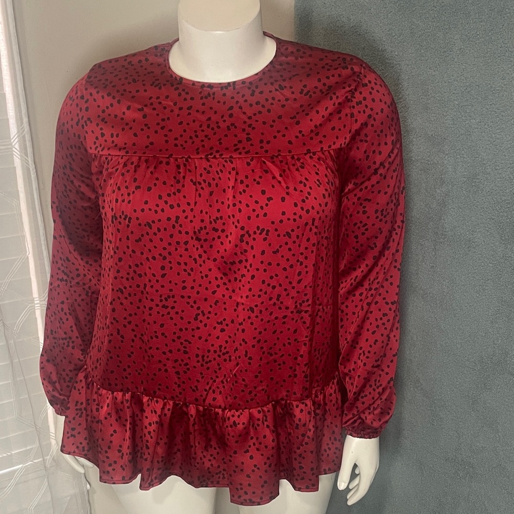 AX Paris‎ Women’s Blouse 16 Red Polka Dot Long Sleeve Ruffle Hem Chic Boho